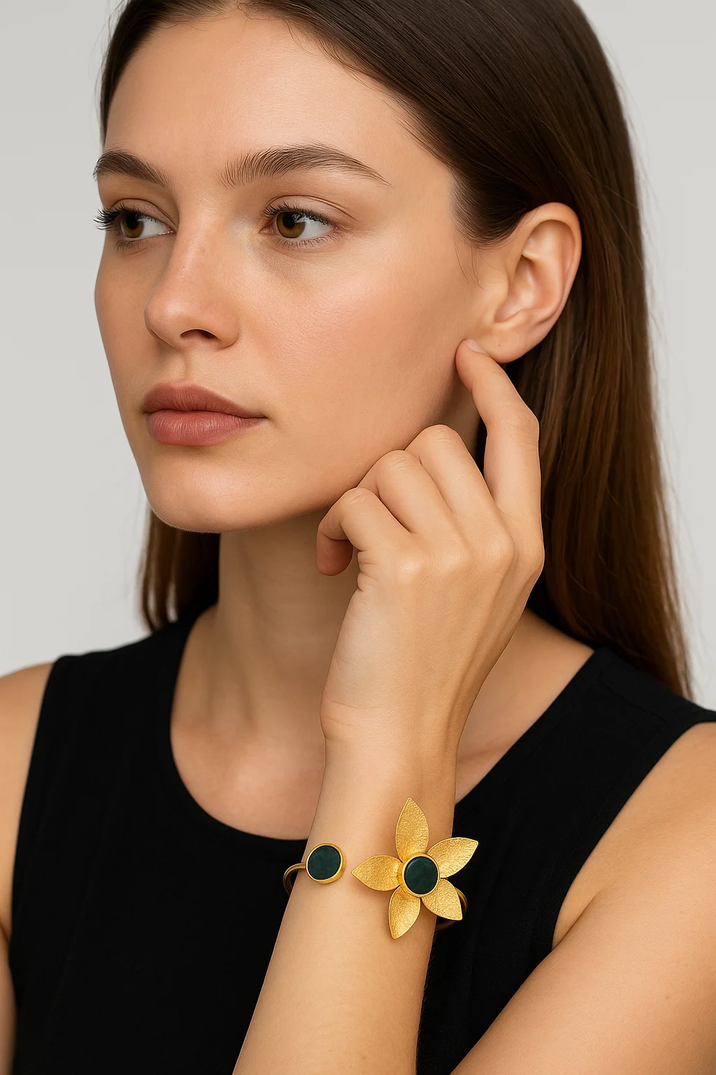 Golden Floral & Onyx Cuff Bracelet