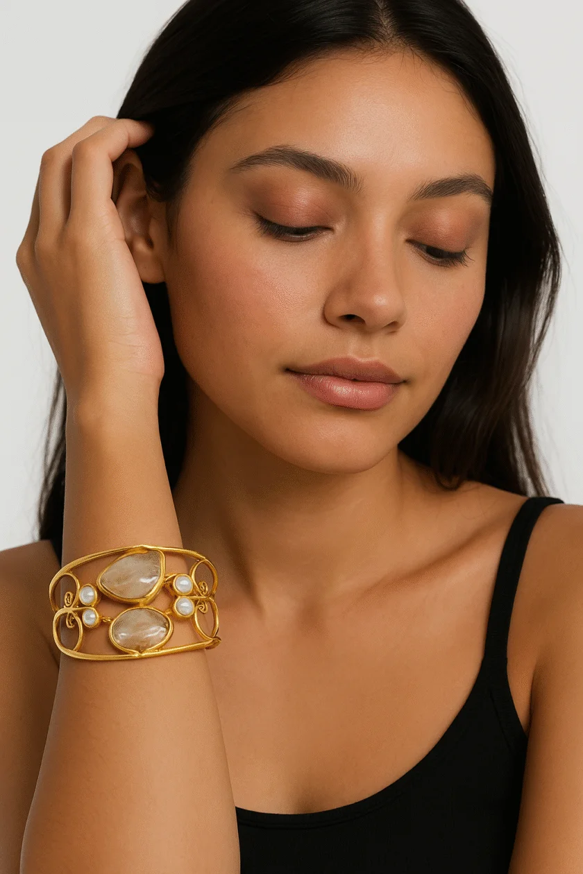 Golden Wide Cuff with Pearls & Stones